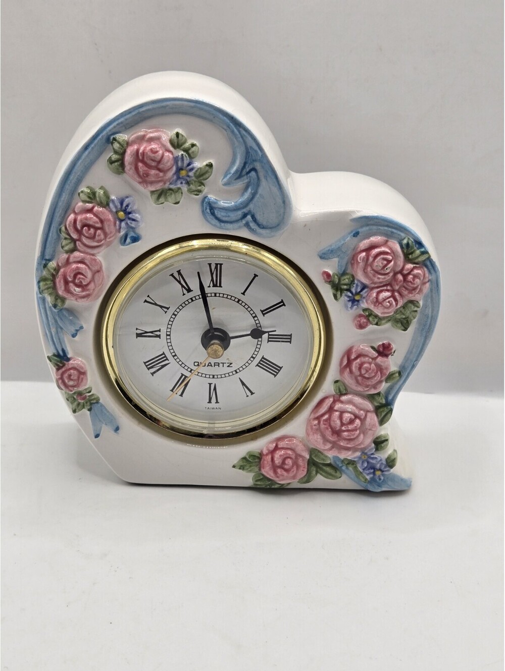 Vintage Heart Shaped Ceramic Mantel Clock Pink Porcelain Floral Rose Cottagecore